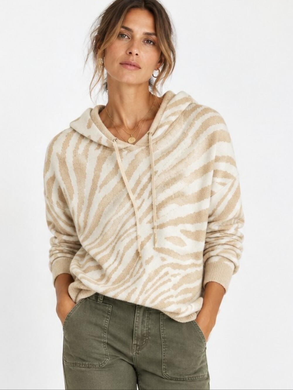 Chico's Sweater Crewneck Hoodie Tan Animal Print Zebra